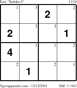 The grouppuzzles.com Easy Sudoku-4 puzzle for Thursday December 12, 2024 with the first 3 steps marked