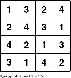 The grouppuzzles.com Answer grid for the Sudoku-4 puzzle for Thursday December 12, 2024