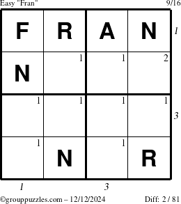 The grouppuzzles.com Easy Fran puzzle for Thursday December 12, 2024 with all 2 steps marked