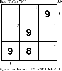 The grouppuzzles.com Easy TicTac-789 puzzle for Thursday December 12, 2024 with all 2 steps marked