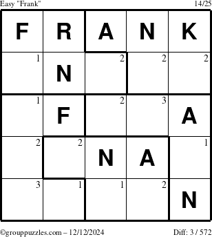 The grouppuzzles.com Easy Frank puzzle for Thursday December 12, 2024 with the first 3 steps marked