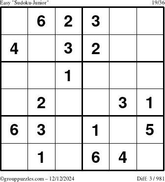 The grouppuzzles.com Easy Sudoku-Junior puzzle for Thursday December 12, 2024