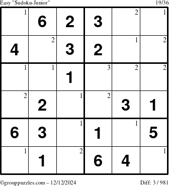 The grouppuzzles.com Easy Sudoku-Junior puzzle for Thursday December 12, 2024 with the first 3 steps marked