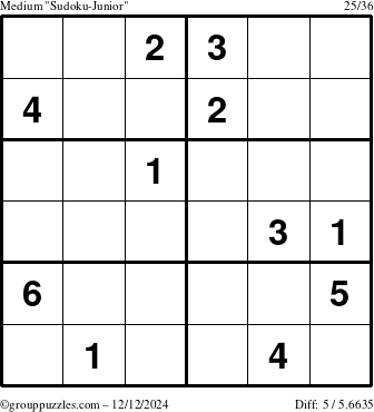 The grouppuzzles.com Medium Sudoku-Junior puzzle for Thursday December 12, 2024