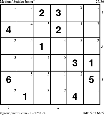 The grouppuzzles.com Medium Sudoku-Junior puzzle for Thursday December 12, 2024 with all 5 steps marked