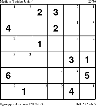 The grouppuzzles.com Medium Sudoku-Junior puzzle for Thursday December 12, 2024 with the first 3 steps marked