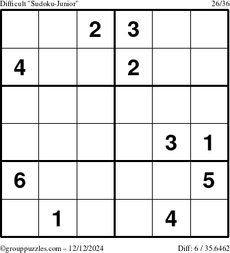 The grouppuzzles.com Difficult Sudoku-Junior puzzle for Thursday December 12, 2024