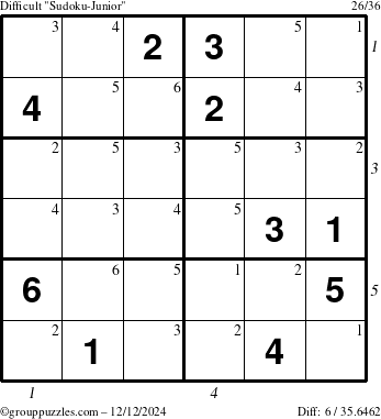 The grouppuzzles.com Difficult Sudoku-Junior puzzle for Thursday December 12, 2024 with all 6 steps marked