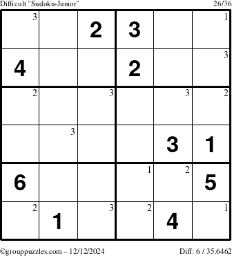 The grouppuzzles.com Difficult Sudoku-Junior puzzle for Thursday December 12, 2024 with the first 3 steps marked