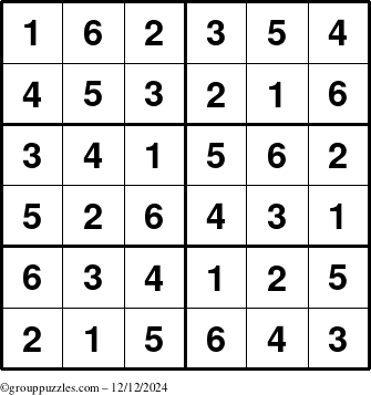 The grouppuzzles.com Answer grid for the Sudoku-Junior puzzle for Thursday December 12, 2024