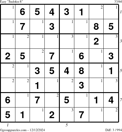 The grouppuzzles.com Easy Sudoku-8 puzzle for Thursday December 12, 2024 with all 3 steps marked