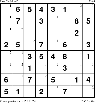 The grouppuzzles.com Easy Sudoku-8 puzzle for Thursday December 12, 2024 with the first 3 steps marked