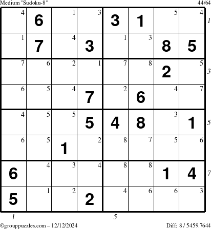 The grouppuzzles.com Medium Sudoku-8 puzzle for Thursday December 12, 2024 with all 8 steps marked