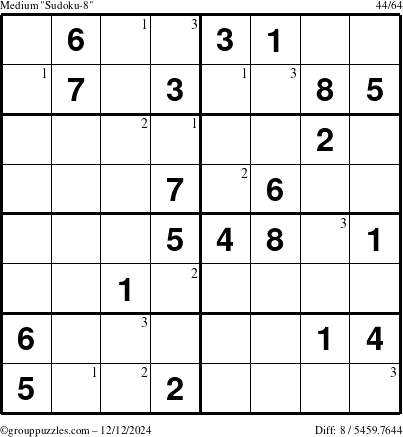 The grouppuzzles.com Medium Sudoku-8 puzzle for Thursday December 12, 2024 with the first 3 steps marked