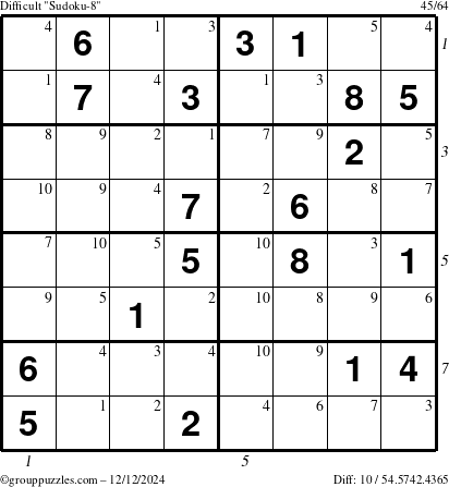 The grouppuzzles.com Difficult Sudoku-8 puzzle for Thursday December 12, 2024 with all 10 steps marked