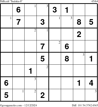 The grouppuzzles.com Difficult Sudoku-8 puzzle for Thursday December 12, 2024 with the first 3 steps marked