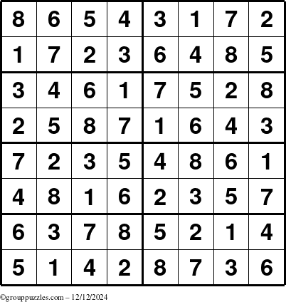 The grouppuzzles.com Answer grid for the Sudoku-8 puzzle for Thursday December 12, 2024