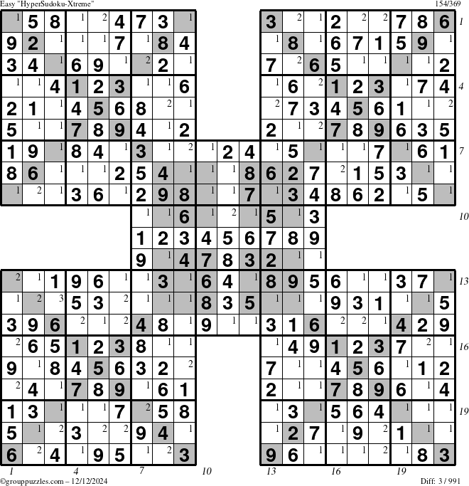 The grouppuzzles.com Easy cover-HyperXtreme puzzle for Thursday December 12, 2024, suitable for printing, with all 3 steps marked