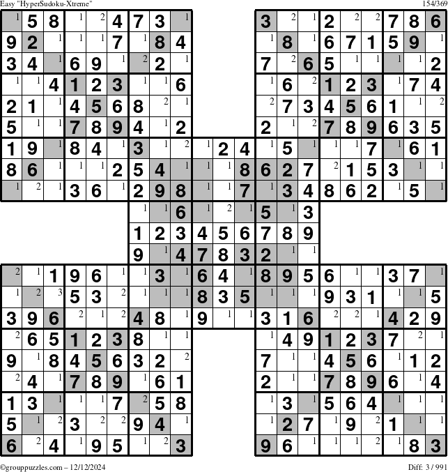 The grouppuzzles.com Easy cover-HyperXtreme puzzle for Thursday December 12, 2024 with the first 3 steps marked