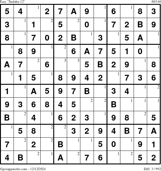 The grouppuzzles.com Easy Sudoku-12 puzzle for Thursday December 12, 2024 with the first 3 steps marked