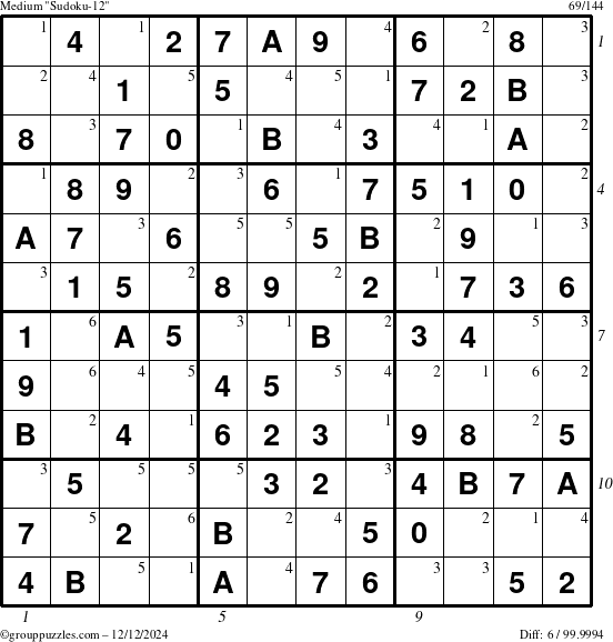 The grouppuzzles.com Medium Sudoku-12 puzzle for Thursday December 12, 2024, suitable for printing, with all 6 steps marked