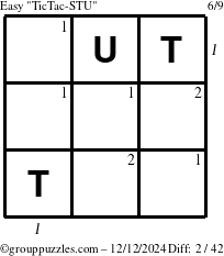 The grouppuzzles.com Easy TicTac-STU puzzle for Thursday December 12, 2024, suitable for printing, with all 2 steps marked