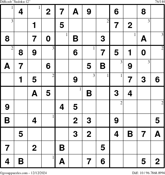 The grouppuzzles.com Difficult Sudoku-12 puzzle for Thursday December 12, 2024 with the first 3 steps marked