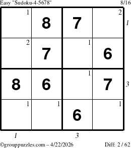The grouppuzzles.com Easy Sudoku-4-5678 puzzle for Wednesday April 22, 2026 with all 2 steps marked