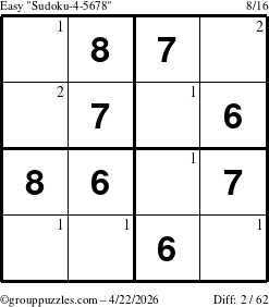 The grouppuzzles.com Easy Sudoku-4-5678 puzzle for Wednesday April 22, 2026 with the first 2 steps marked