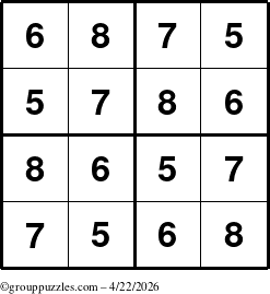 The grouppuzzles.com Answer grid for the Sudoku-4-5678 puzzle for Wednesday April 22, 2026