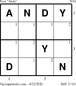 The grouppuzzles.com Easy Andy puzzle for Wednesday April 22, 2026, suitable for printing, with all 2 steps marked