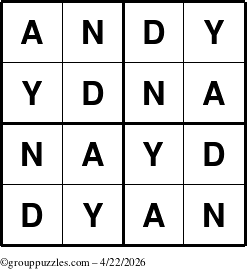 The grouppuzzles.com Answer grid for the Andy puzzle for Wednesday April 22, 2026