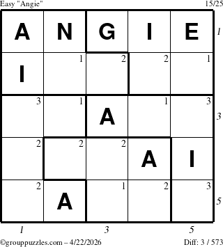 The grouppuzzles.com Easy Angie puzzle for Wednesday April 22, 2026 with all 3 steps marked