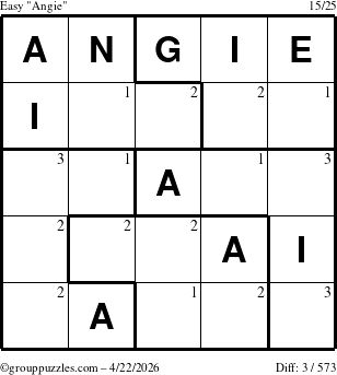 The grouppuzzles.com Easy Angie puzzle for Wednesday April 22, 2026 with the first 3 steps marked