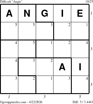 The grouppuzzles.com Difficult Angie puzzle for Wednesday April 22, 2026, suitable for printing, with all 5 steps marked