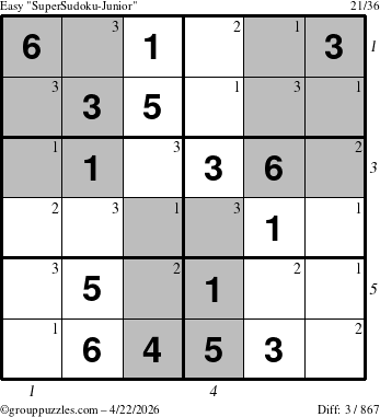 The grouppuzzles.com Easy SuperSudoku-Junior puzzle for Wednesday April 22, 2026, suitable for printing, with all 3 steps marked
