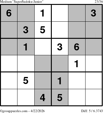 The grouppuzzles.com Medium SuperSudoku-Junior puzzle for Wednesday April 22, 2026