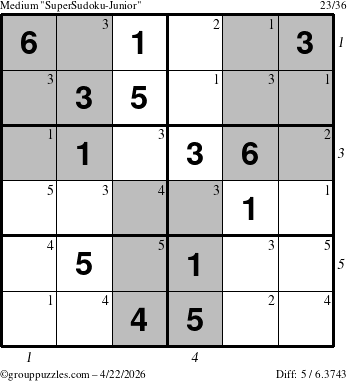 The grouppuzzles.com Medium SuperSudoku-Junior puzzle for Wednesday April 22, 2026 with all 5 steps marked