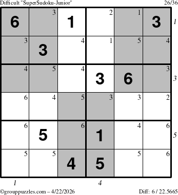 The grouppuzzles.com Difficult SuperSudoku-Junior puzzle for Wednesday April 22, 2026, suitable for printing, with all 6 steps marked