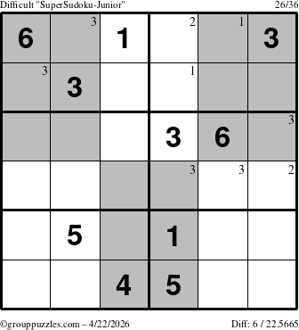 The grouppuzzles.com Difficult SuperSudoku-Junior puzzle for Wednesday April 22, 2026 with the first 3 steps marked