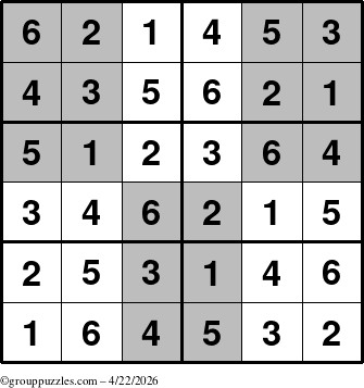 The grouppuzzles.com Answer grid for the SuperSudoku-Junior puzzle for Wednesday April 22, 2026