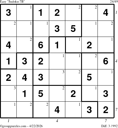 The grouppuzzles.com Easy Sudoku-7B puzzle for Wednesday April 22, 2026 with all 3 steps marked