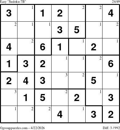 The grouppuzzles.com Easy Sudoku-7B puzzle for Wednesday April 22, 2026 with the first 3 steps marked