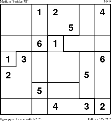 The grouppuzzles.com Medium Sudoku-7B puzzle for Wednesday April 22, 2026