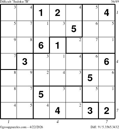 The grouppuzzles.com Difficult Sudoku-7B puzzle for Wednesday April 22, 2026, suitable for printing, with all 9 steps marked
