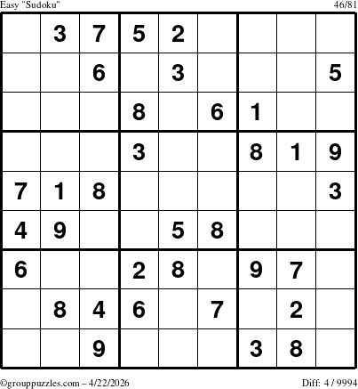 The grouppuzzles.com Easy Sudoku puzzle for Wednesday April 22, 2026