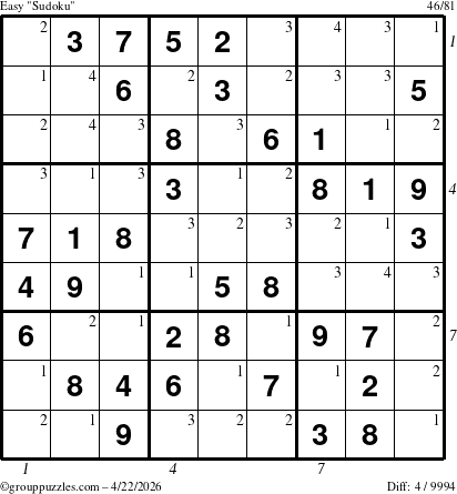 The grouppuzzles.com Easy Sudoku puzzle for Wednesday April 22, 2026, suitable for printing, with all 4 steps marked