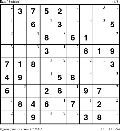 The grouppuzzles.com Easy Sudoku puzzle for Wednesday April 22, 2026 with the first 3 steps marked
