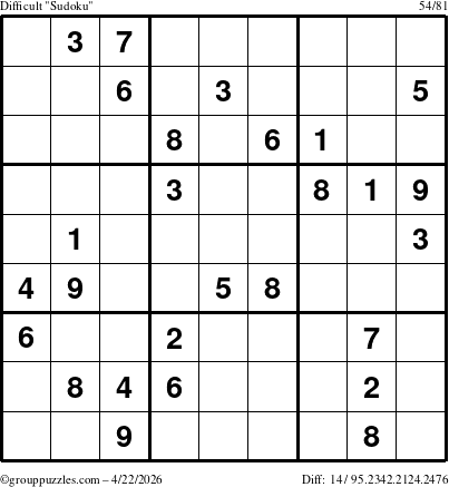 The grouppuzzles.com Difficult Sudoku puzzle for Wednesday April 22, 2026