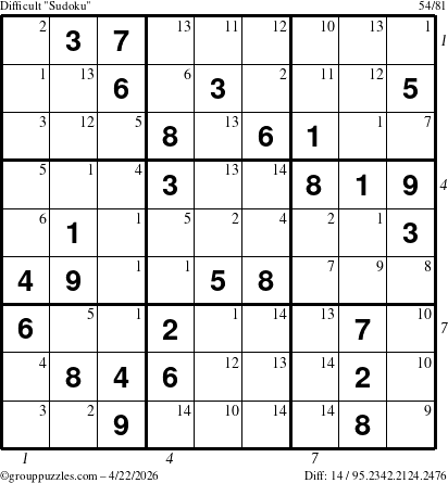 The grouppuzzles.com Difficult Sudoku puzzle for Wednesday April 22, 2026, suitable for printing, with all 14 steps marked